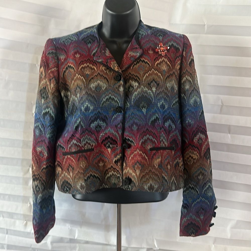 Evan Picone Size 8 Jacket – Women's Multi-Color Button Front Tapestry Look